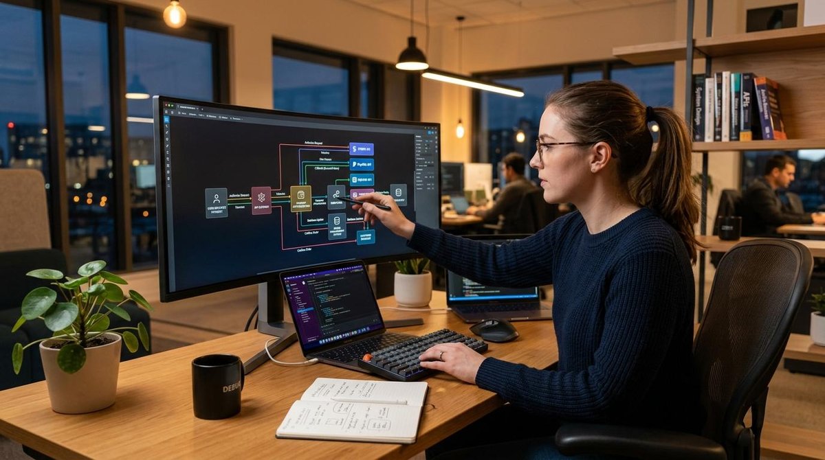 desenvolvedora analisa o Fluxo Integracao Webhook no computador