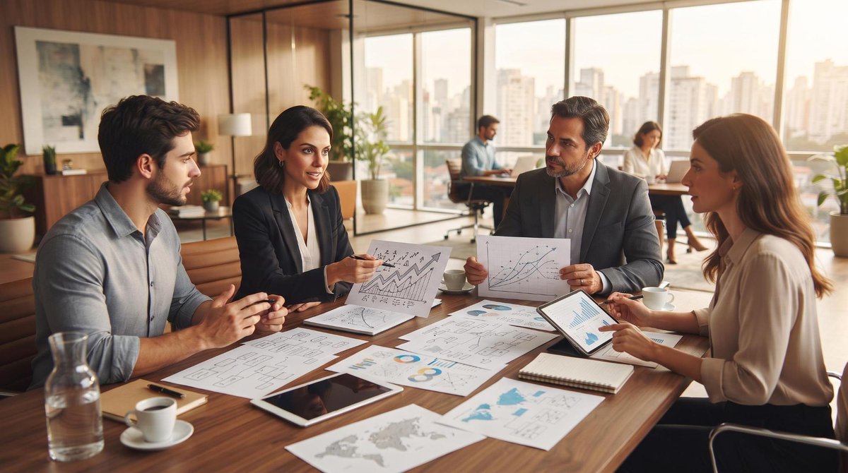 Pessoa analisando documentos de contrato de licenciamento de marca em uma mesa de trabalho