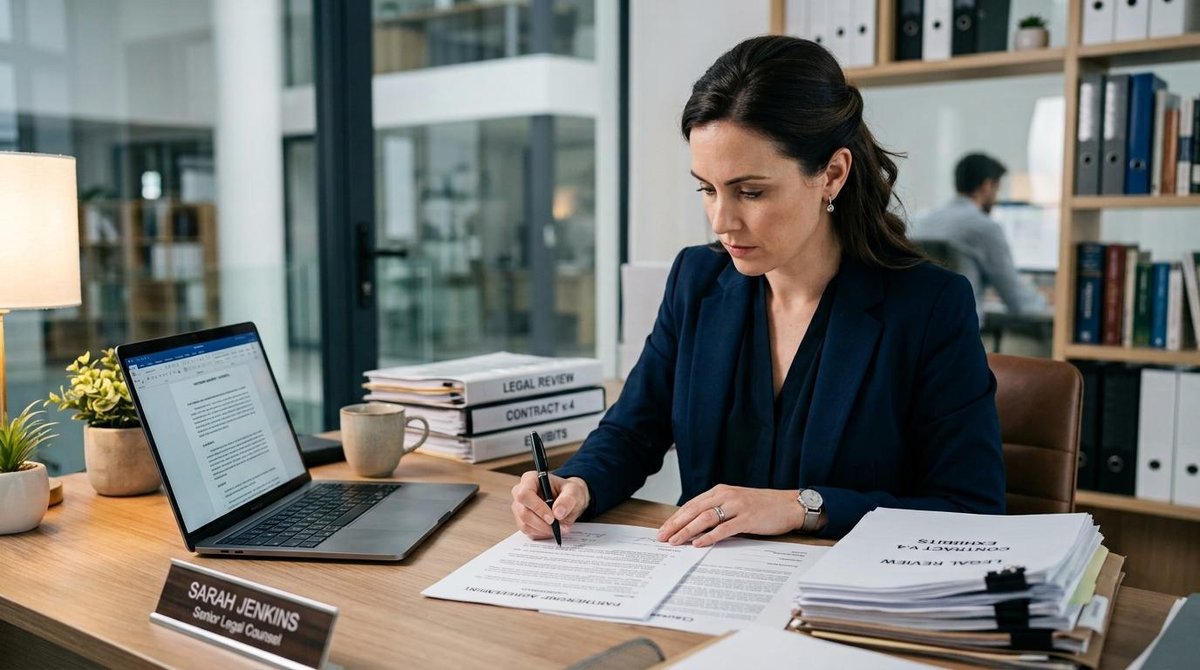 Empresária concentrada revisando contratos e documentos legais em uma mesa de escritório organizada, com notebook aberto e caneta na mão, ambiente pro