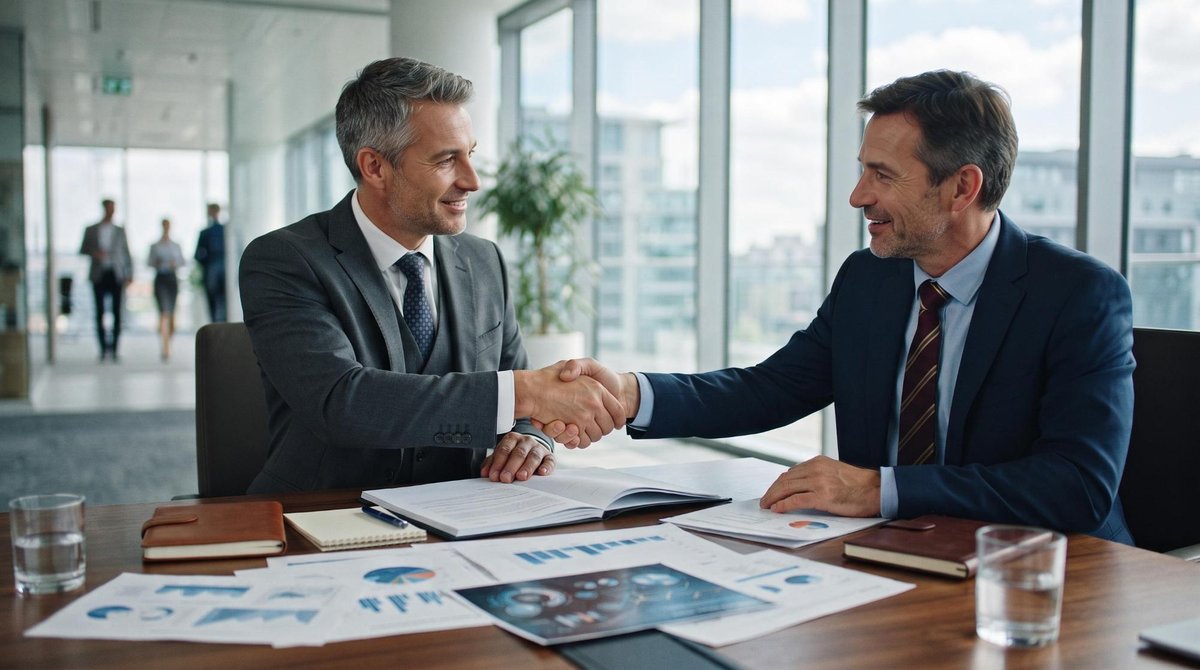 Dois executivos apertando as mãos firmemente em um acordo de parceria comercial, com documentos e gráficos de royalties visíveis sobre a mesa de reuni