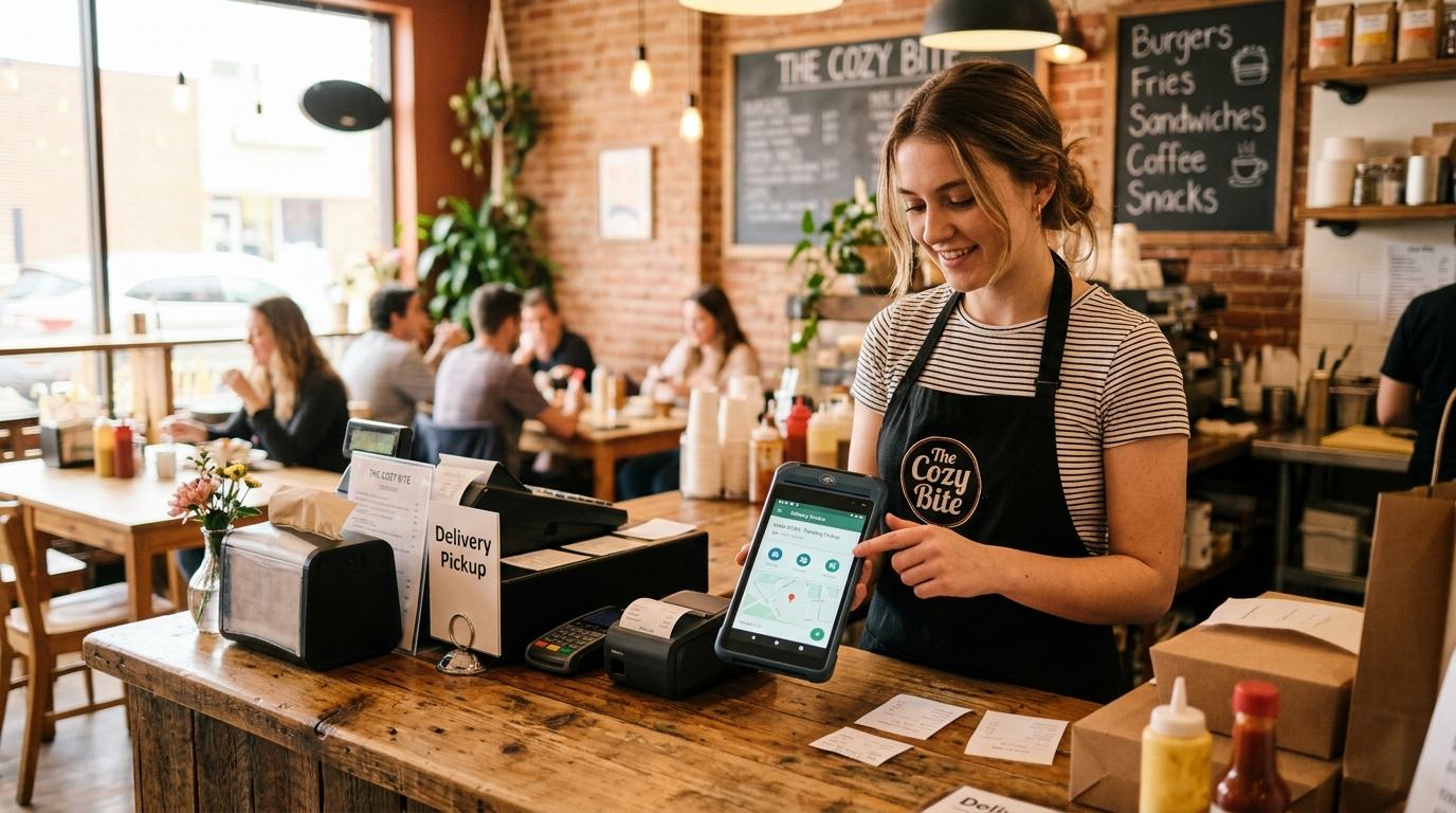 Pessoa usando uma maquininha de pagamento com sistema Android para gerenciar pedidos de delivery em uma lanchonete, ambiente acolhedor com iluminação