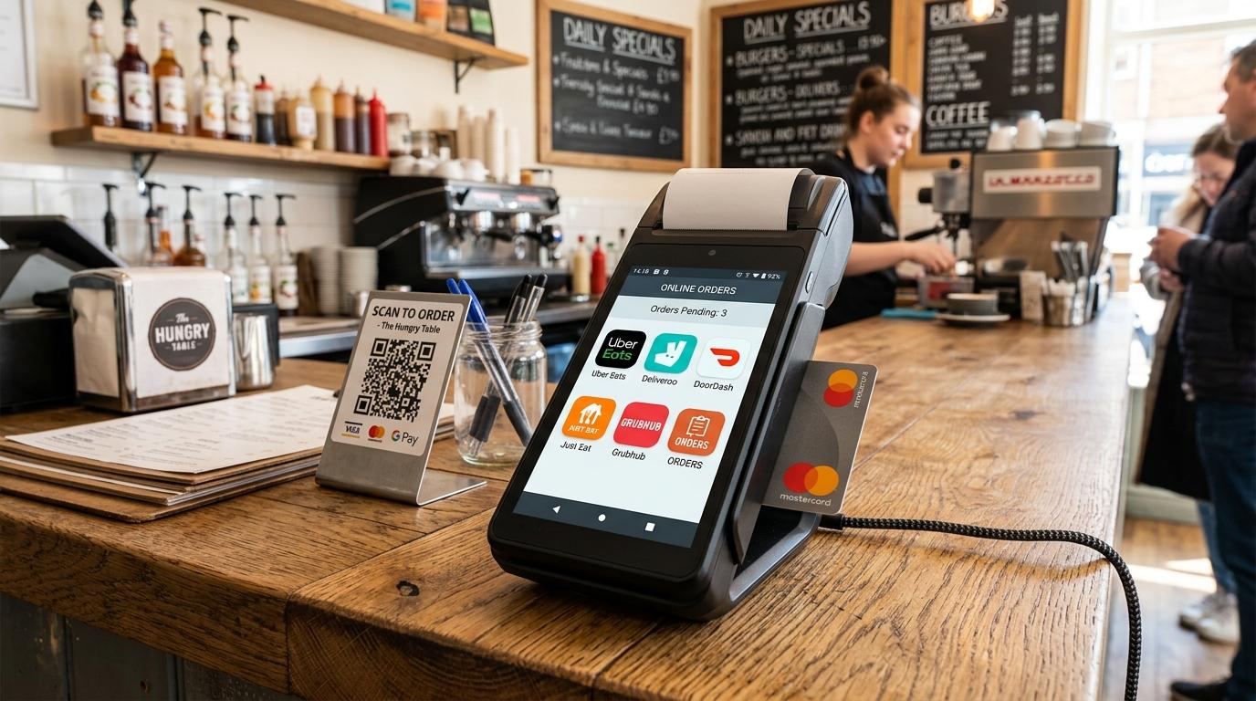Visão detalhada de uma maquininha de pagamento Android com ícones de aplicativos de delivery na tela, posicionada sobre superfície de madeira em ambie