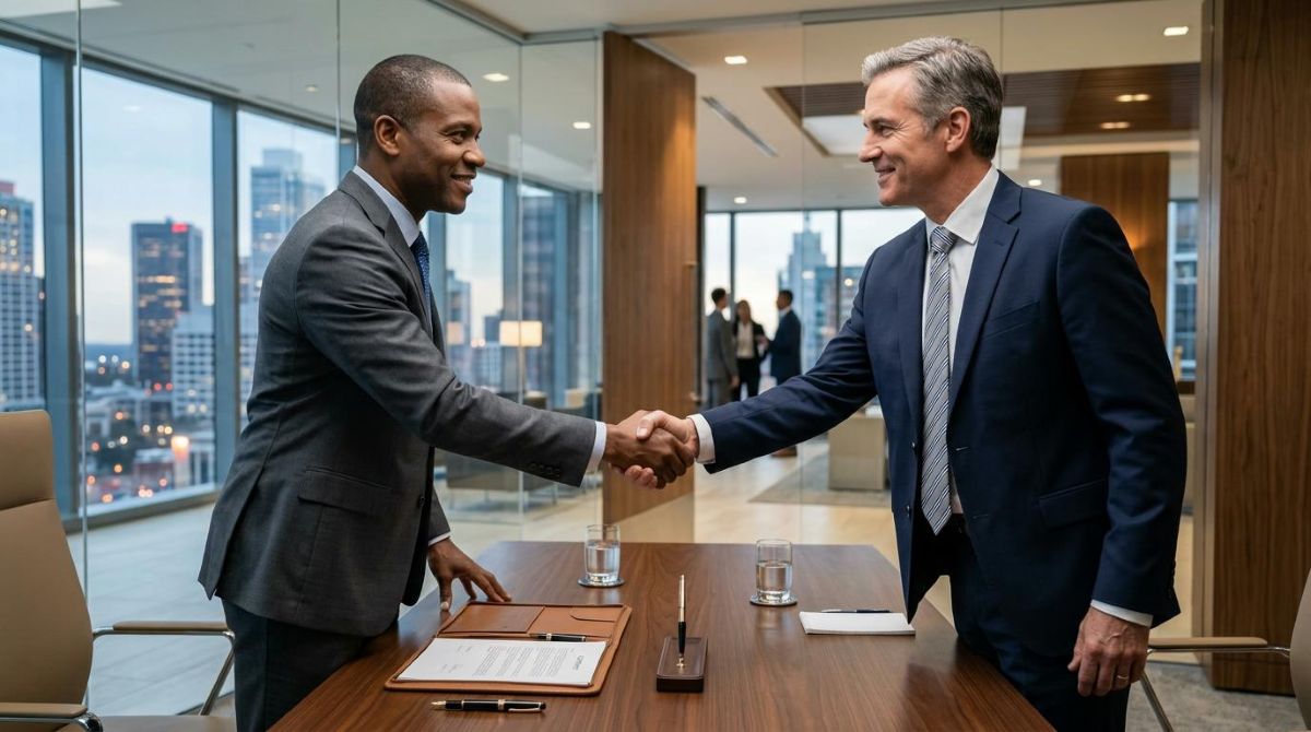 Aperto de mão firme entre dois empresários em um escritório elegante com vidros e madeira, celebrando uma nova parceria comercial, com documentos