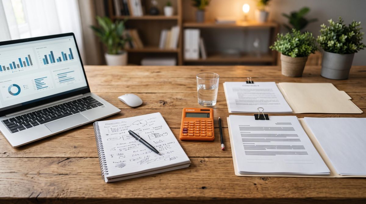 Mesa de trabalho com notebook, calculadora, anotações manuscritas e documentos de contrato organizados lado a lado, representando análise cuidadosa