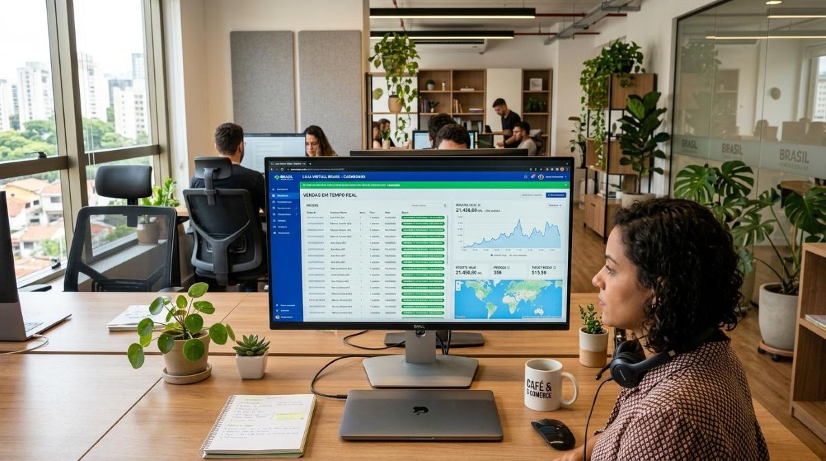 Tela de computador exibindo dashboard de e-commerce com vendas e pagamentos sendo processados automaticamente em tempo real
