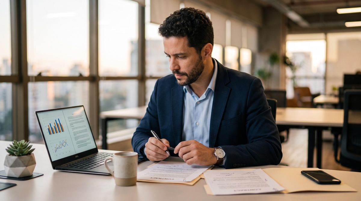 Pessoa analisando contrato de programa de parceiros em um notebook com anotações ao lado