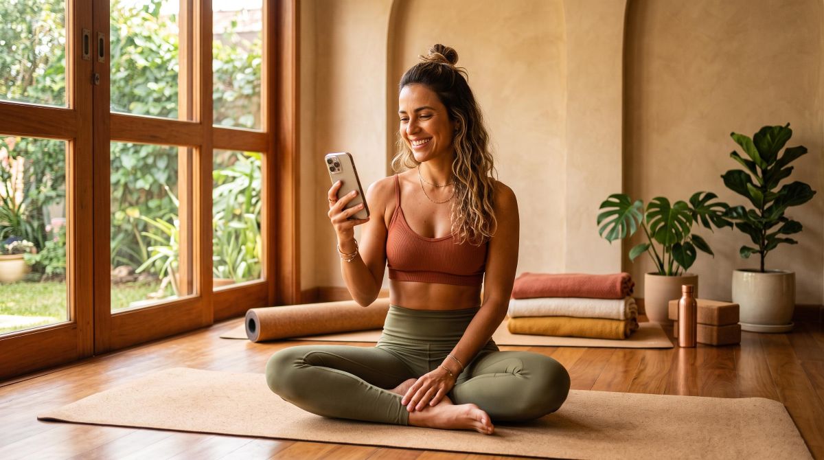 Professora de yoga consultando o app de pagamentos no celular após uma aula