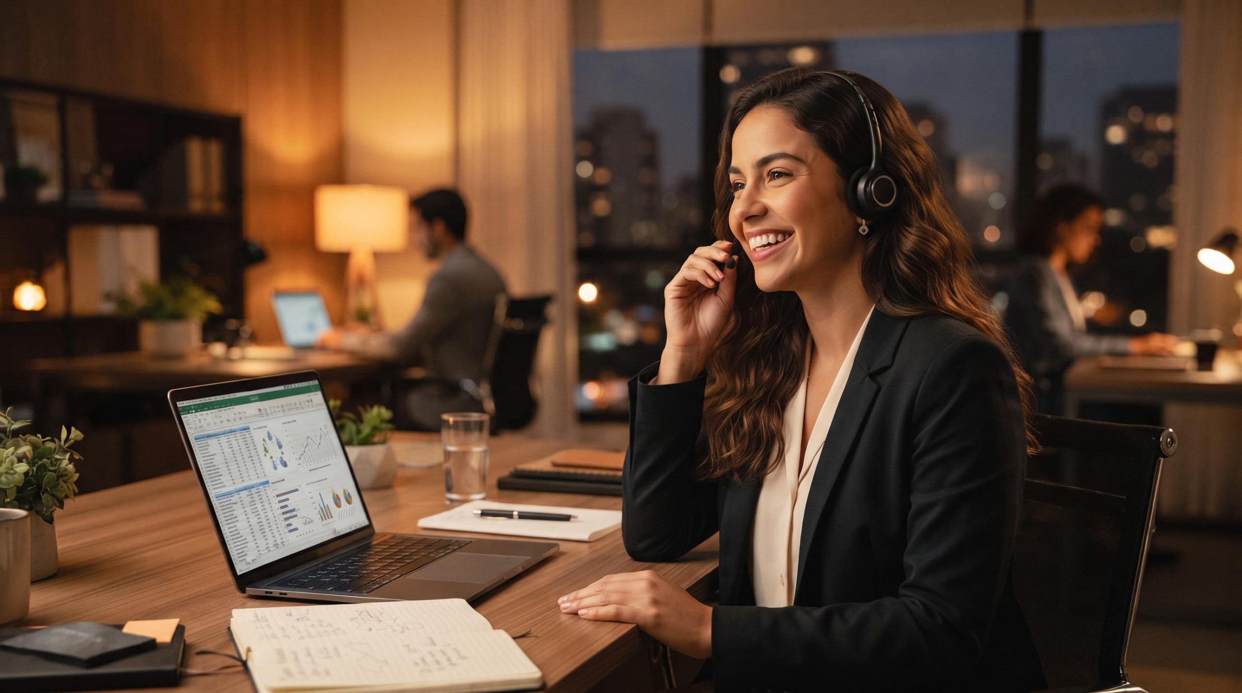 Consultora comercial brasileira usando headset durante uma ligação atenta e sorridente, com notebook aberto exibindo planilhas de dados de clientes