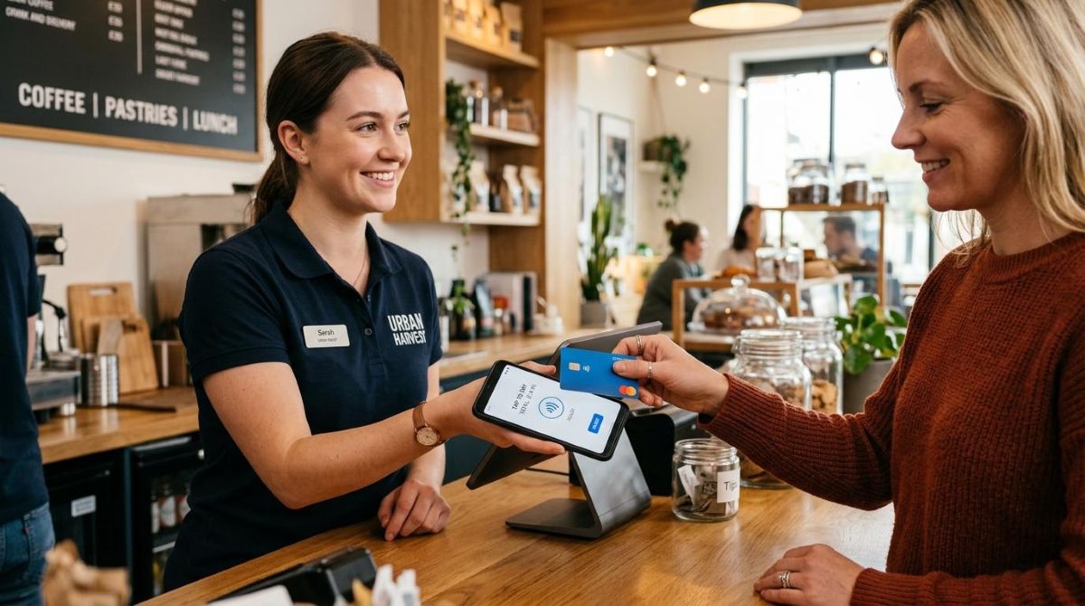 Pessoa segurando iPhone na horizontal enquanto aproxima cartão contactless para realizar pagamento por aproximação