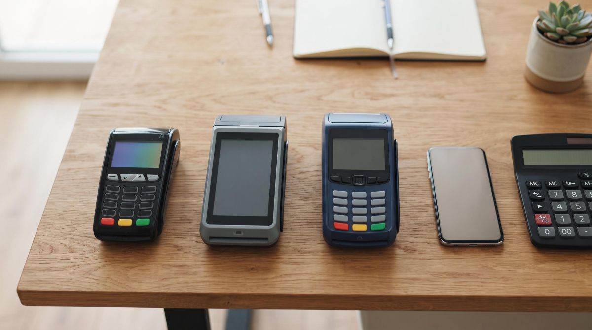 Vista de cima de três modelos diferentes de maquininhas de cartão alinhadas sobre uma mesa de madeira, com um celular e uma calculadora ao lado