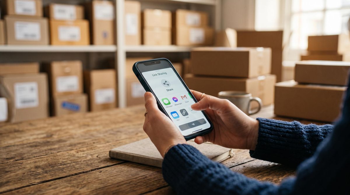 Mãos de uma pessoa segurando um smartphone que exibe uma tela de compartilhamento de link, enquanto repousa sobre uma mesa de madeira com caixas