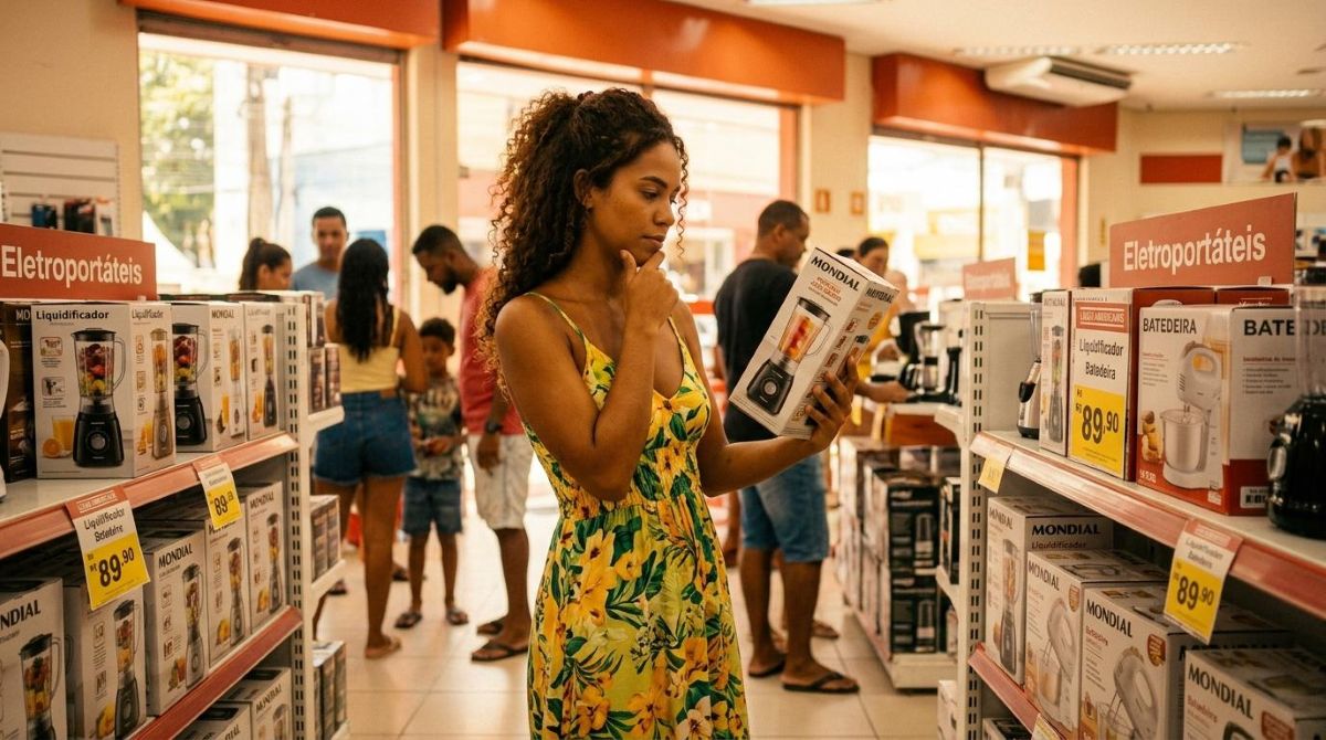 Cliente brasileiro analisando produtos em uma loja durante o período de verão, ambiente comercial iluminado com tons quentes, pessoa segurando um item