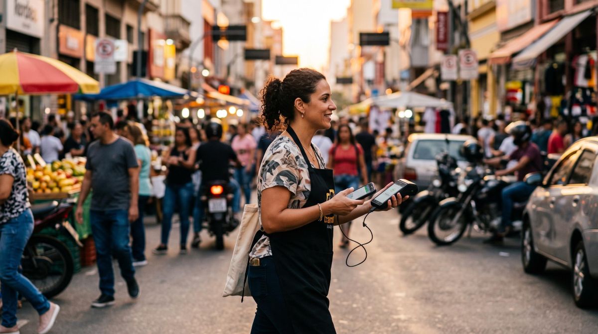 Um lojista em movimento segurando uma maquininha portátil conectada a um smartphone, simbolizando a necessidade de conectividade móvel para profission
