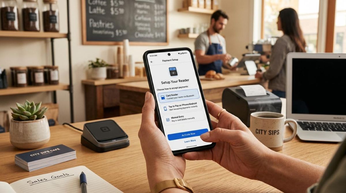 Mãos segurando um smartphone exibindo uma tela de configuração de pagamentos com opções de ativação visíveis, sobre uma mesa de trabalho organizada 