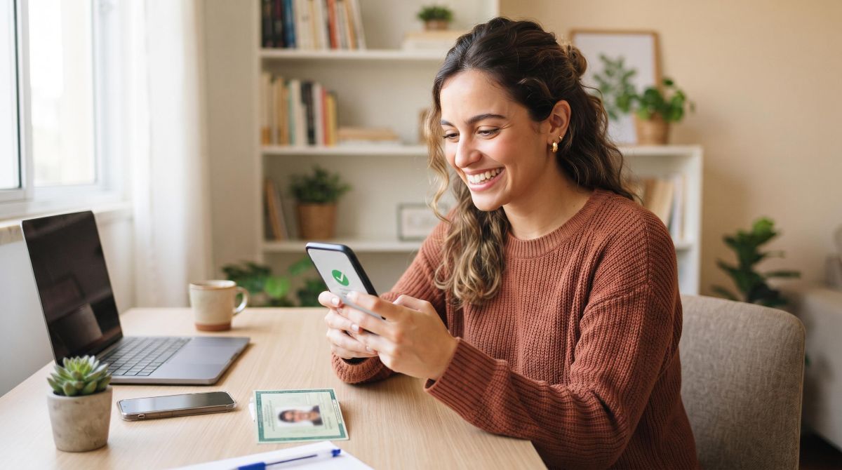 Mulher jovem sentada em um home office limpo e bem iluminado, finalizando o cadastro em um aplicativo no celular com documento de identidade