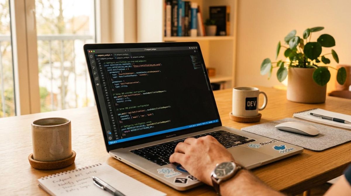 Visão detalhada de notebook com código de programação aberto na tela, representando configuração técnica de endpoints e notificações