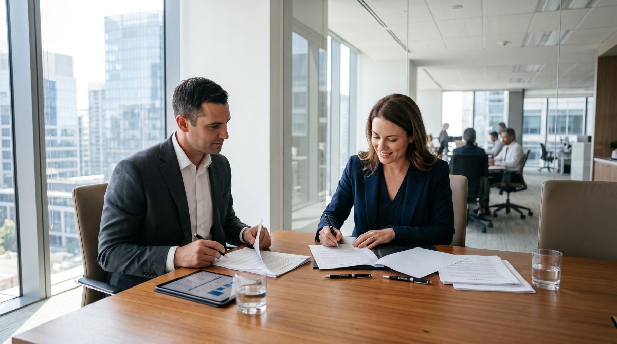 Duas pessoas sentadas à mesa revisando documentos de um contrato de parceria comercial