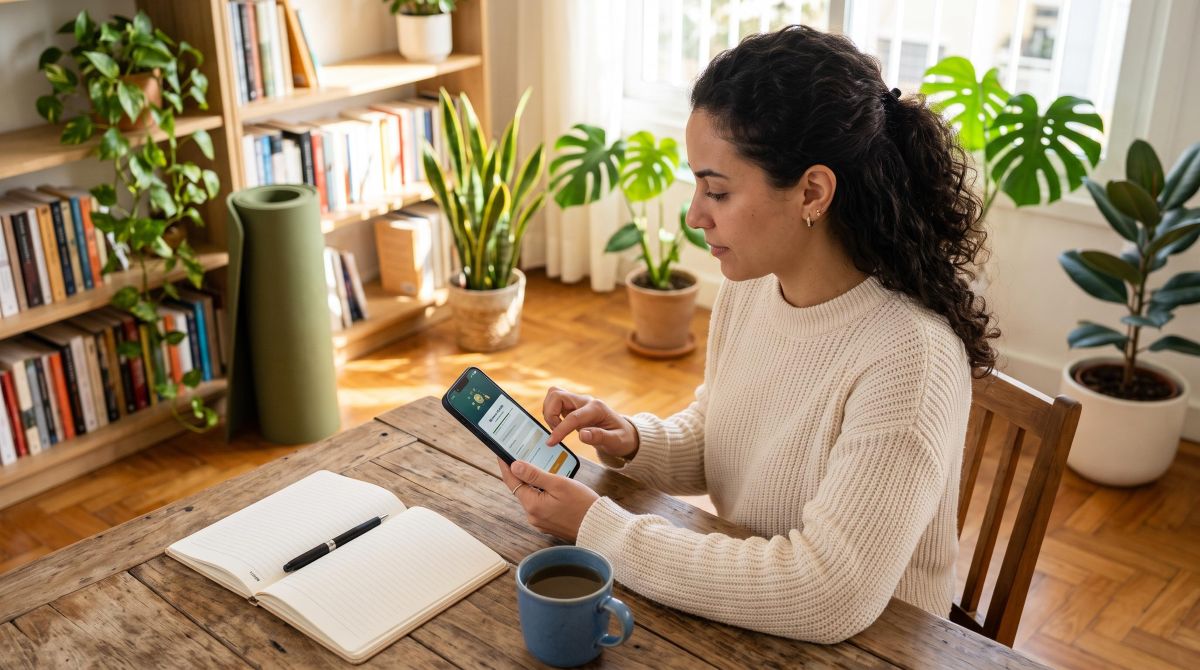 Mulher configurando uma conta digital em seu smartphone sobre uma mesa de madeira, com um caderno aberto e um tapete de yoga dobrado ao lado
