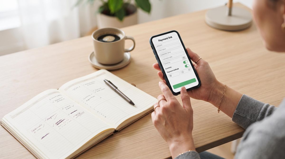 Mãos de uma profissional manipulando smartphone que exibe uma tela de criação de link de pagamento, com um caderno de agendamentos aberto ao lado
