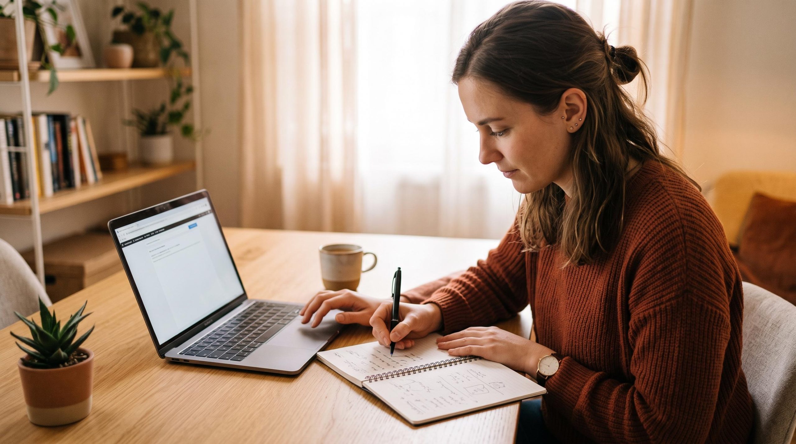 Uma pessoa anotando em um caderno enquanto pesquisa no laptop, definindo estratégias e perfis de clientes ideais em uma mesa de trabalho limpa com ilu