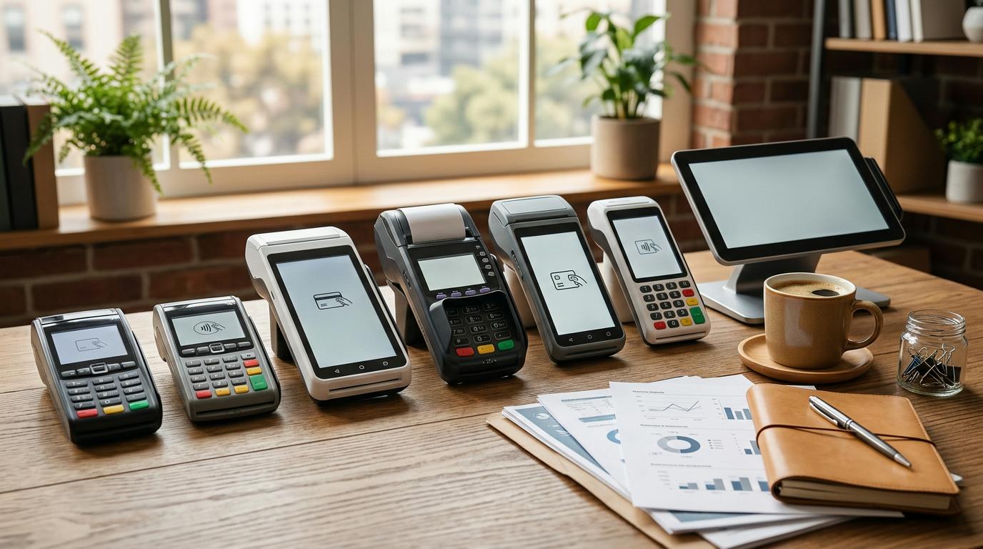 Mesa de trabalho organizada com diferentes modelos de terminais de pagamento dispostos lado a lado, acompanhados de documentos comerciais e um café, e