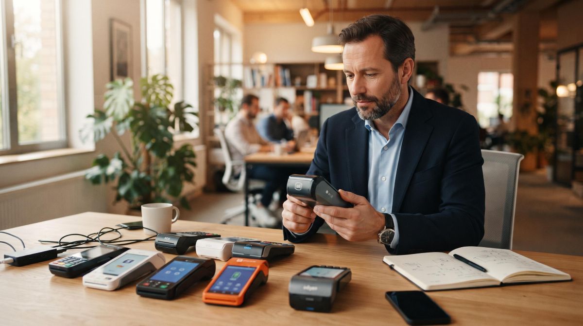Pessoa analisando modelos de terminais de pagamento sobre uma mesa de trabalho para escolher o mais adequado ao perfil de cada cliente lojista