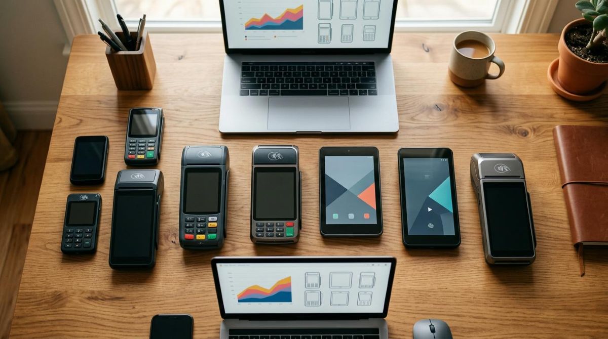 Visão de cima de uma mesa organizada mostrando diferentes modelos de terminais de pagamento smart e portáteis lado a lado, com um notebook aberto