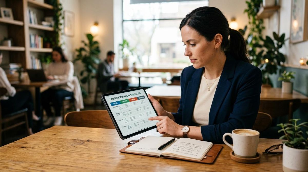 Pessoa analisando opções de negócios em um tablet sobre uma mesa de madeira organizada com café e caderno, simulando a escolha de um modelo