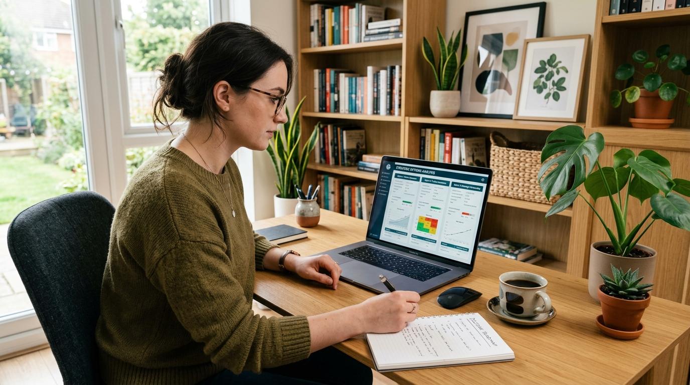Pessoa sentada em um home office contemporâneo estudando múltiplas opções em uma tela de notebook, com café ao lado e plantas decorativas
