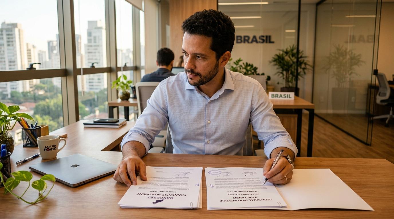 Pessoa analisando documentos de contrato em uma mesa de escritório para decidir entre franquia e parceria independente