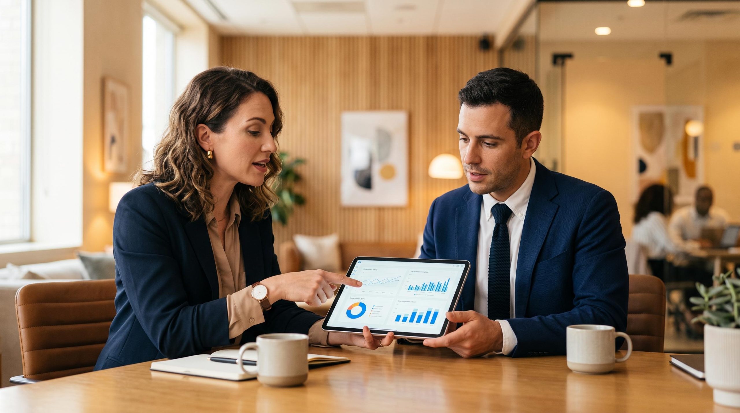 Dois profissionais de marketing discutindo estratégias de afiliação enquanto olham para um tablet com relatórios de conversão, em um escritório limpo