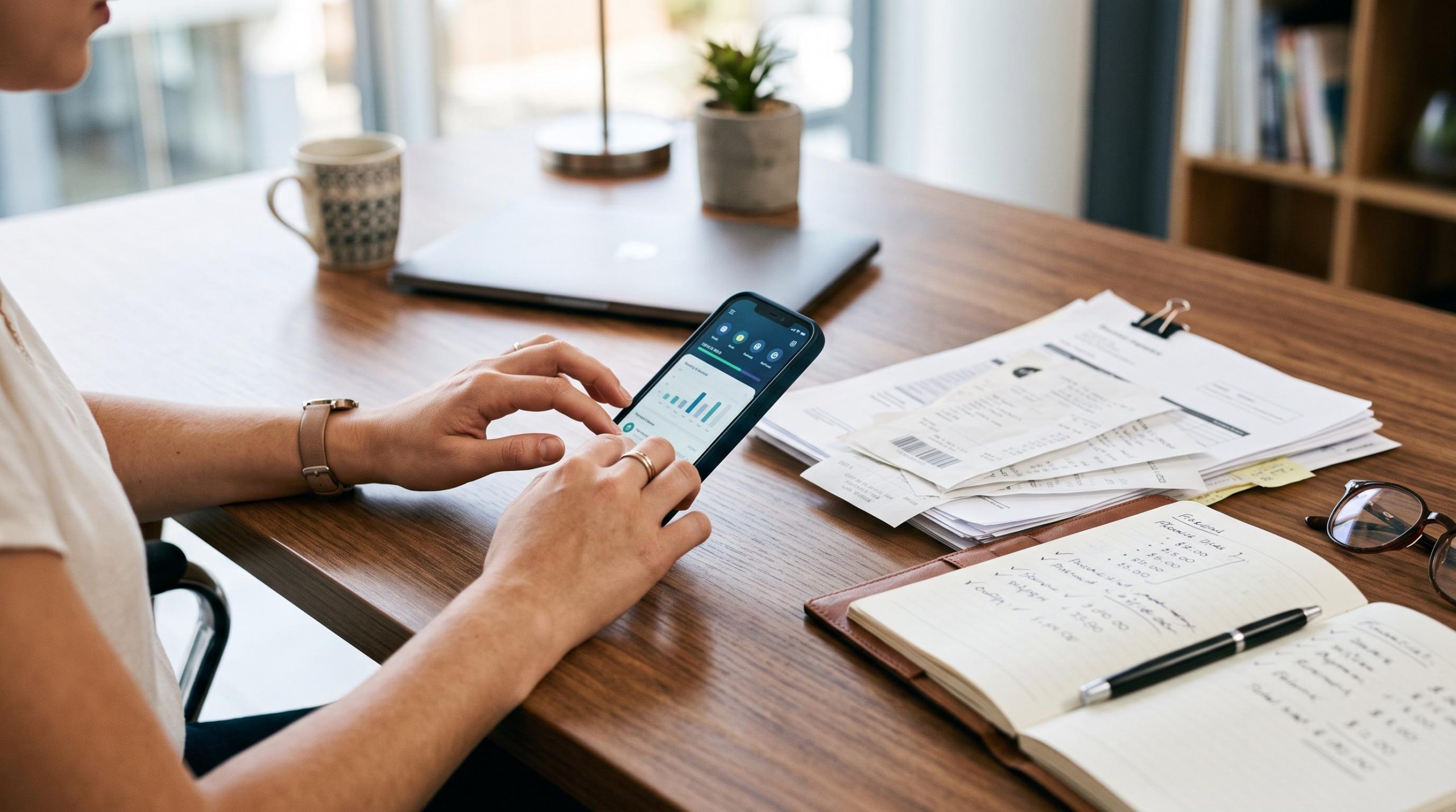 Mãos de uma pessoa digitando em um smartphone sobre uma mesa de escritório organizada, com notas fiscais e documentos ao lado
