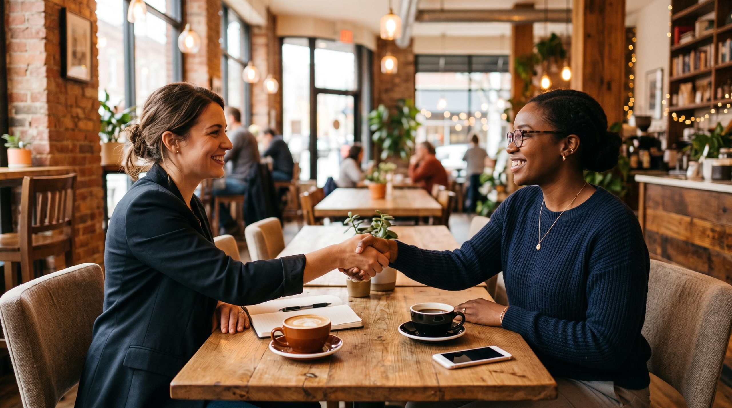 Dois profissionais em uma reunião amigável em um café moderno, apertando as mãos sobre a mesa, simbolizando a parceria comercial e o relacionamento co
