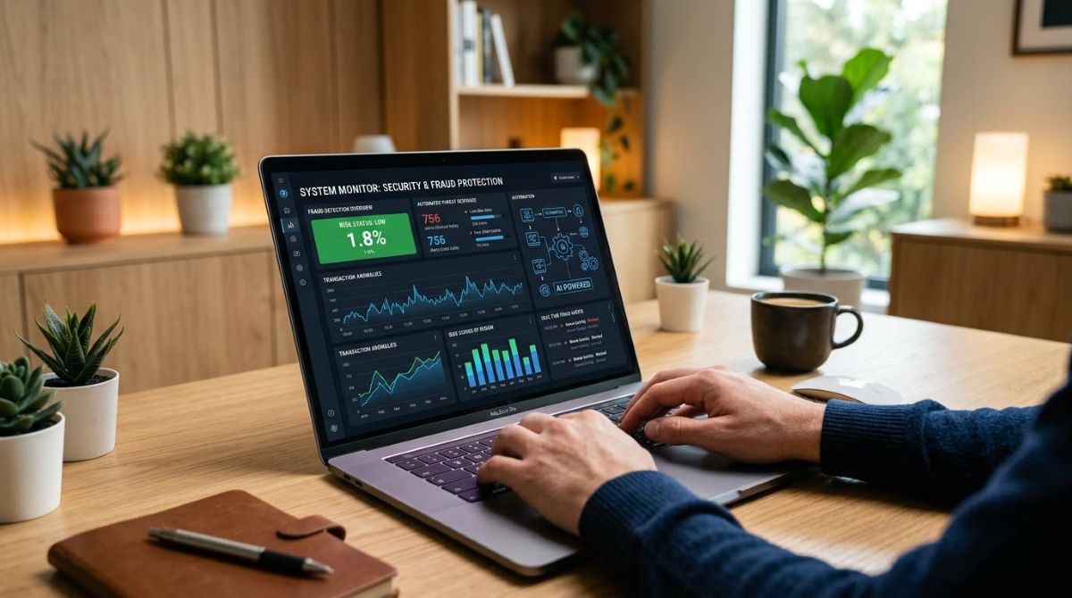 Persona trabaja en un portátil con pantalla de monitor de seguridad y protección contra fraudes
