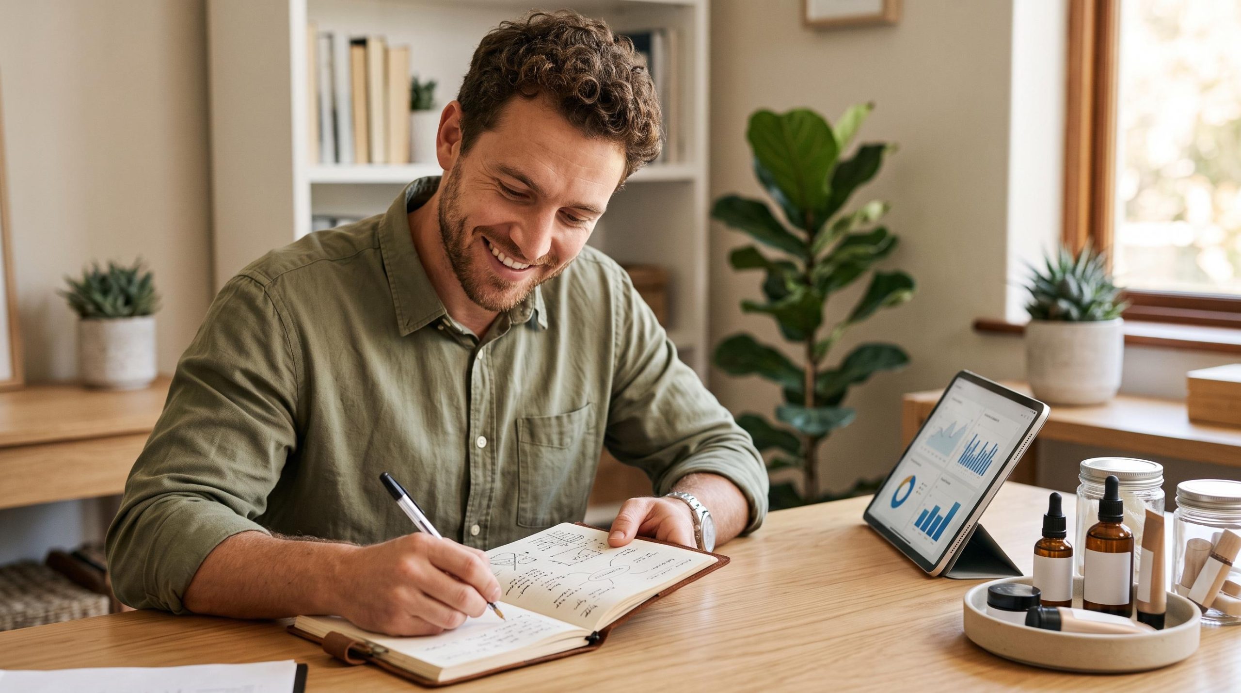 Empreendedor sorrindo enquanto anota em um caderno sobre uma mesa de trabalho limpa, com amostras de produtos e um tablet ao lado