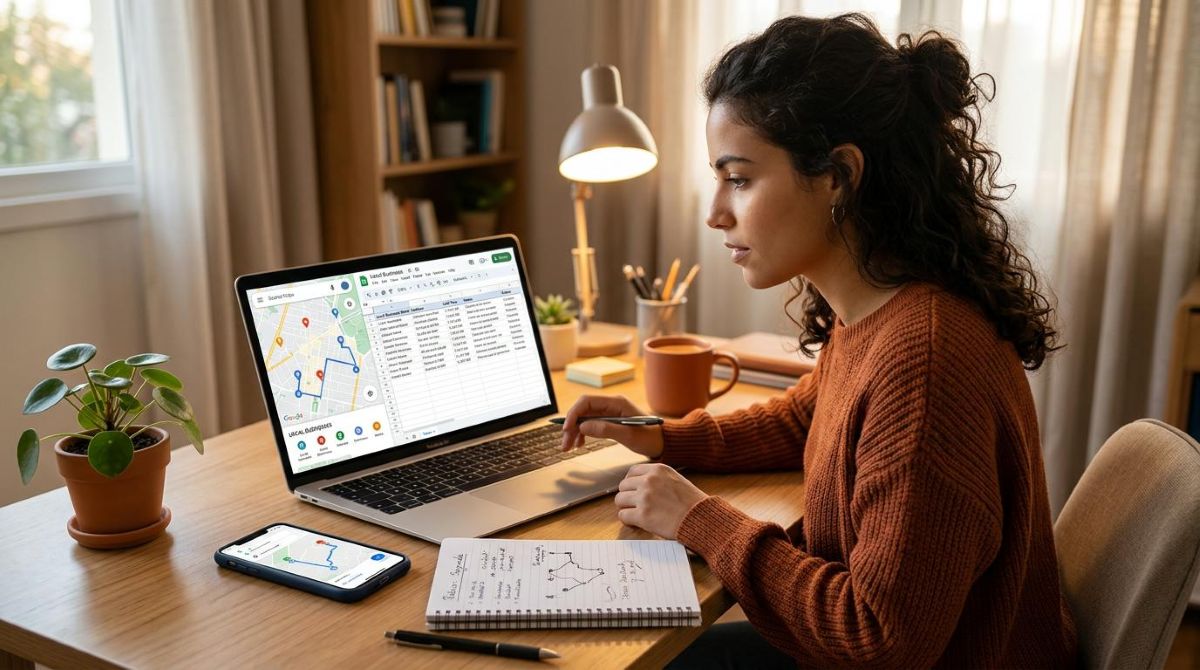 Pessoa pesquisando comércios locais em um laptop com mapa da região visível na tela, acompanhando rotas de visitas em uma planilha