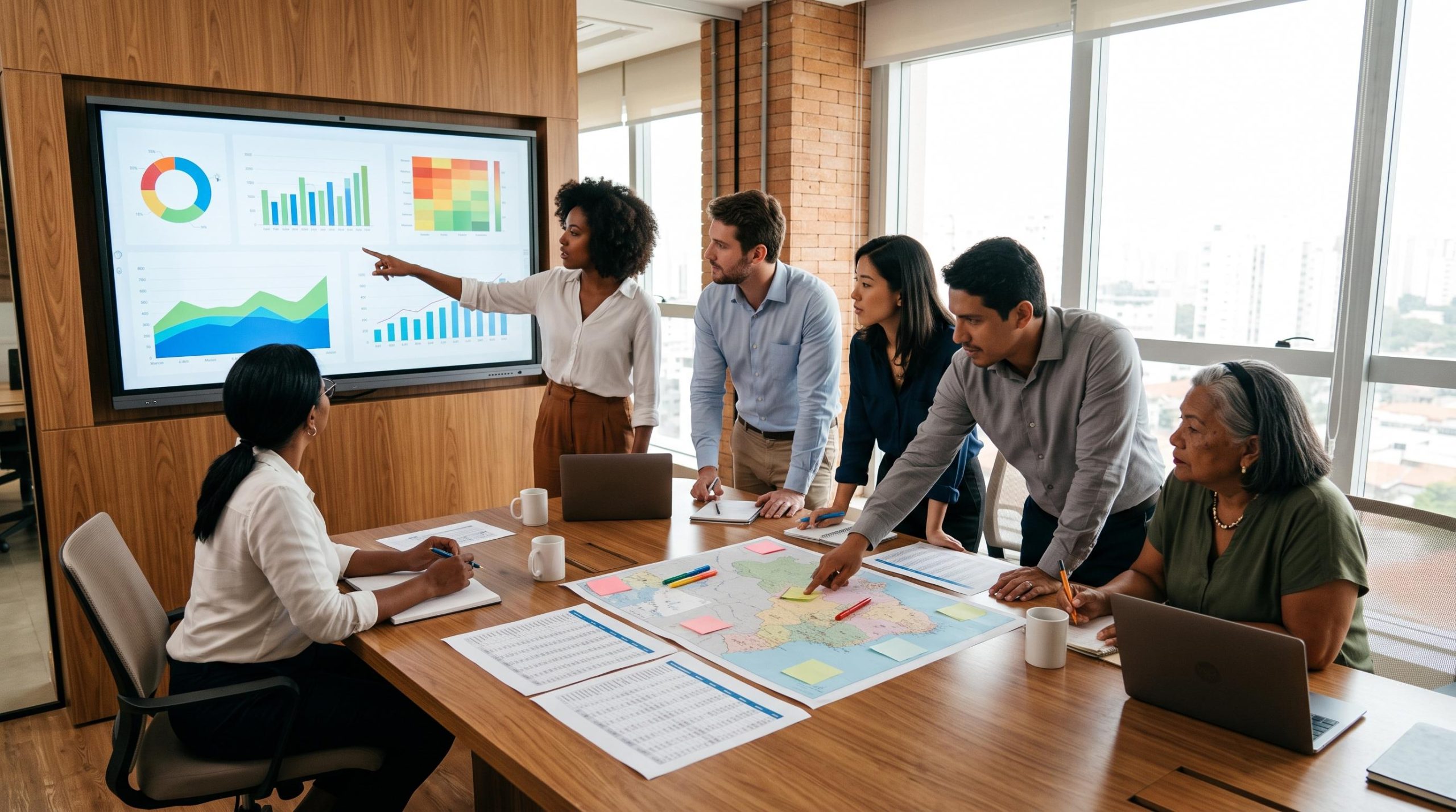 Equipe comercial diversa reunida em volta de uma mesa analisando dados de prospecção em um painel digital e planilhas impressas, em uma sala de reuniãn