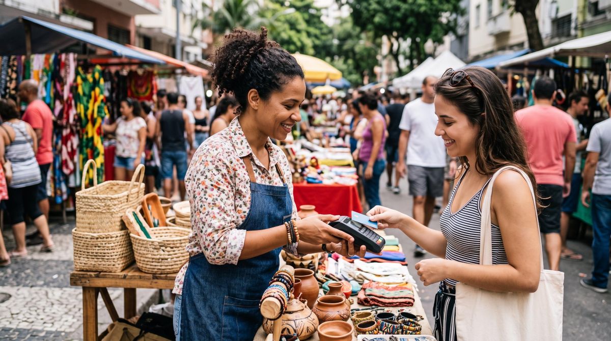 Profissional autônoma realizando uma venda com maquininha de cartão portátil em uma feira de rua movimentada, demonstrando a praticidade e mobilidade
