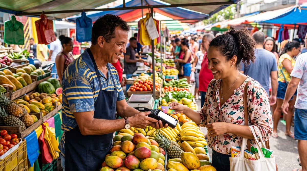 Feirante autônomo realizando uma venda com maquininha de cartão portátil em uma feira ao ar livre, cliente satisfeito fazendo o pagamento