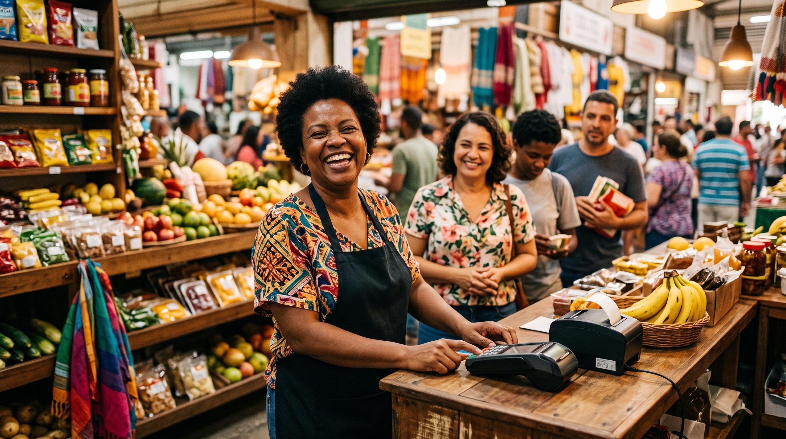 Pequeno lojista brasileiro sorrindo ao lado de um terminal de pagamento em um comércio movimentado, com clientes em fila e ambiente acolhedor, tons qu