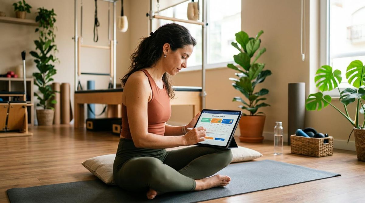 Professora de pilates sentada com um tablet no colo, analisando diferentes opções de cobrança em um ambiente de estúdio sereno com luz natural suave 