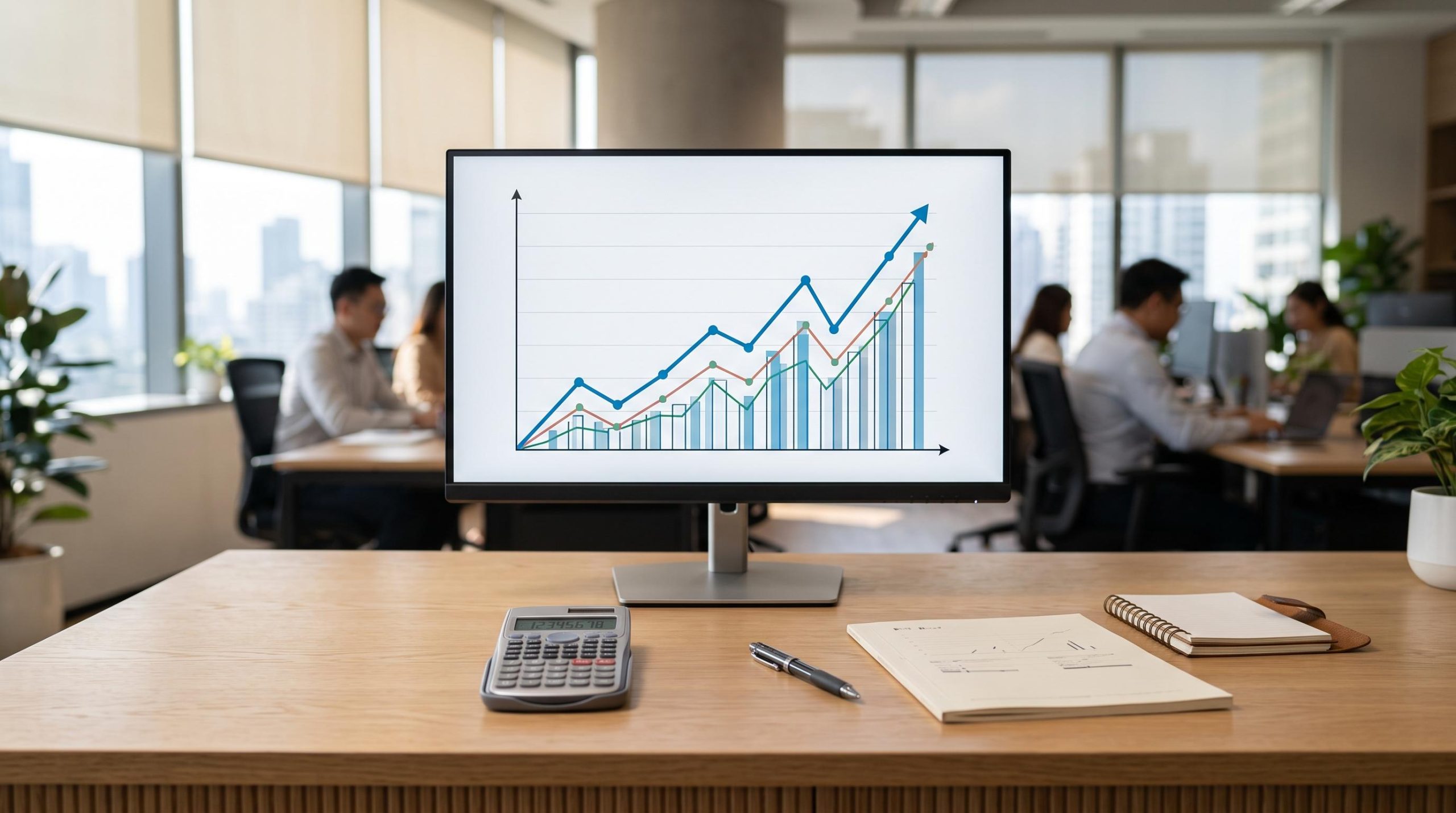 Gráfico de crescimento financeiro exibido em um monitor sobre uma mesa de escritório limpa e organizada, com calculadora, caneta e documento