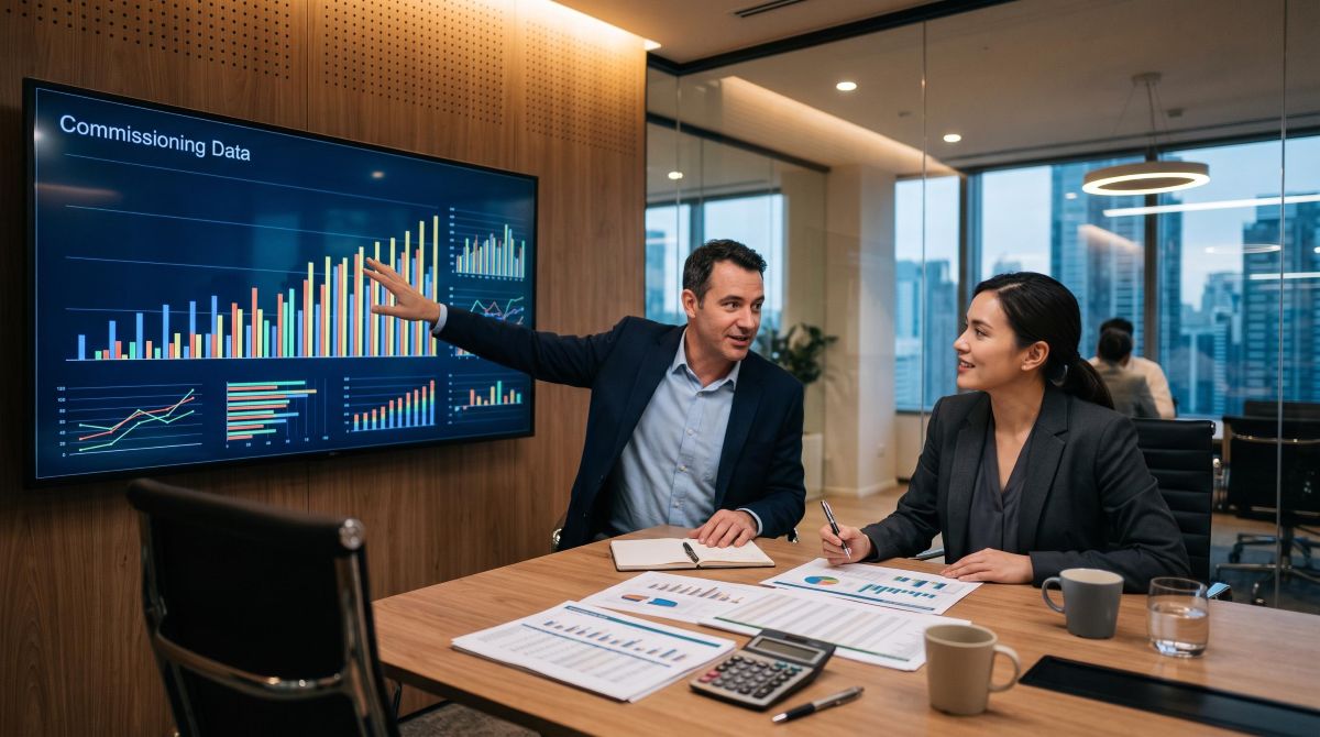 Dois profissionais em uma reunião corporativa analisando gráficos de comissionamento em uma tela grande, com planilhas e calculadora sobre a mesa
