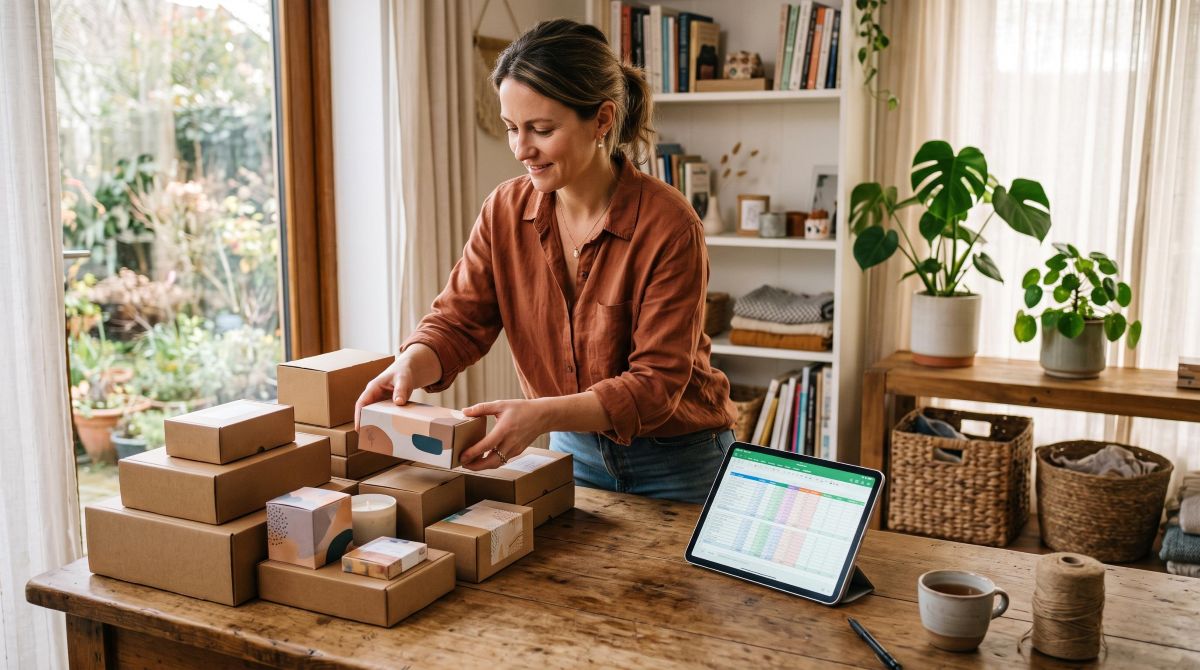 Uma revendedora organizando caixas de produtos sobre uma mesa, com um tablet aberto mostrando uma planilha de controle de vendas ao lado