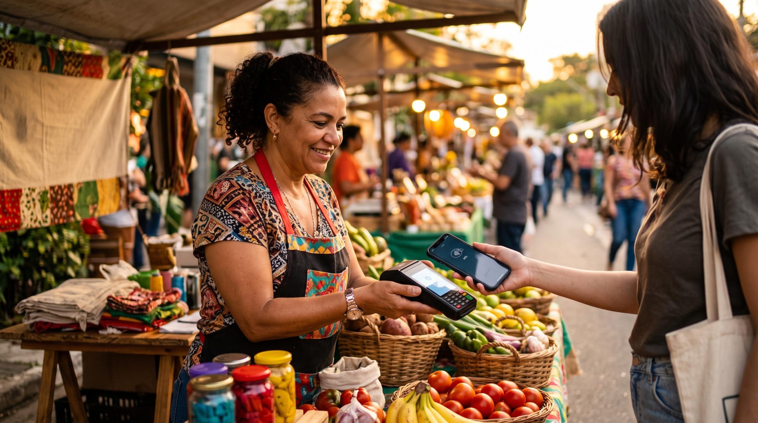 Comerciante realizando pagamento por aproximação com um smartphone próximo a uma maquininha de cartão portátil em uma feira de rua
