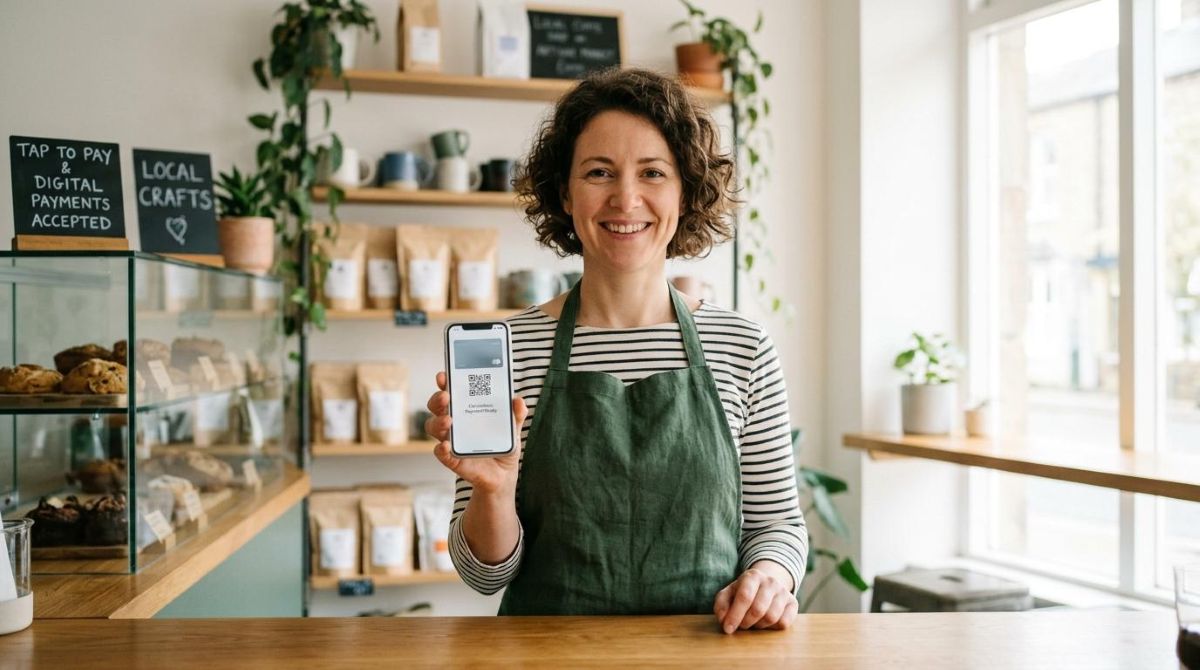 Um empreendedor sorridente em seu pequeno negócio segura um smartphone pronto para receber pagamentos, sem nenhuma maquininha de cartão tradicional