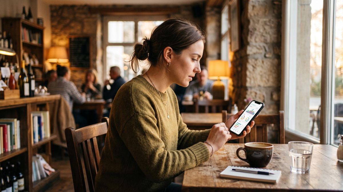 Pessoa verificando o painel de indicações em um celular moderno, sentada em um café aconchegante
