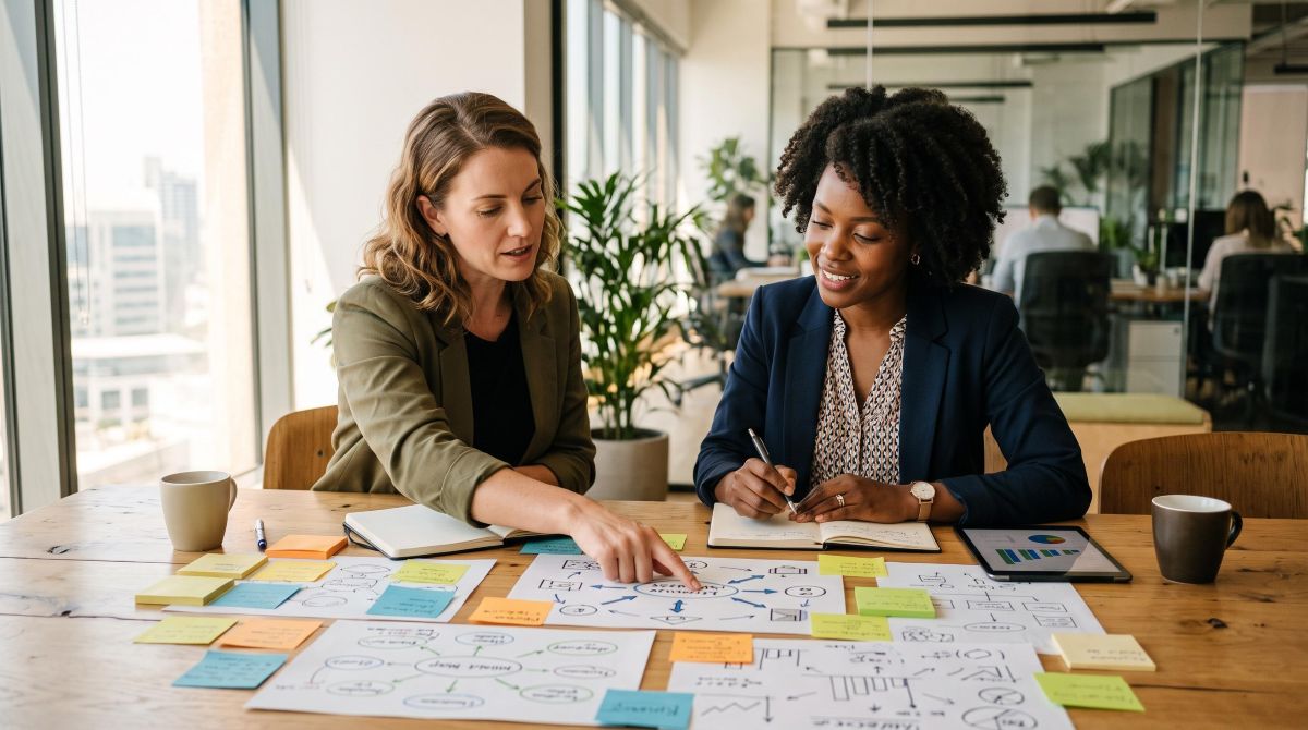 Dos mujeres analizan un diagrama en una mesa llena de notas adhesivas
