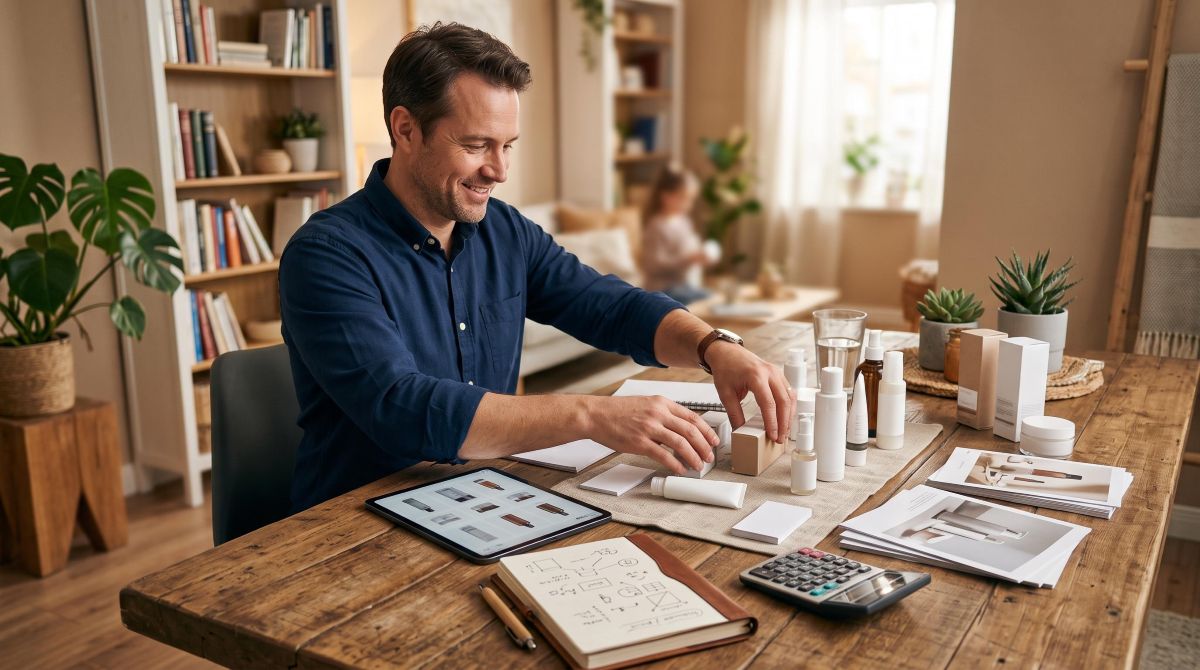 Revendedor organizando amostras de produtos e materiais de venda sobre uma mesa de madeira, com tablet, caderno de anotações e calculadora