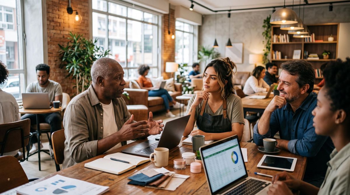 Grupo diversificado de empreendedores brasileiros em um ambiente de coworking moderno e acolhedor, incluindo um lojista, uma profissional de beleza